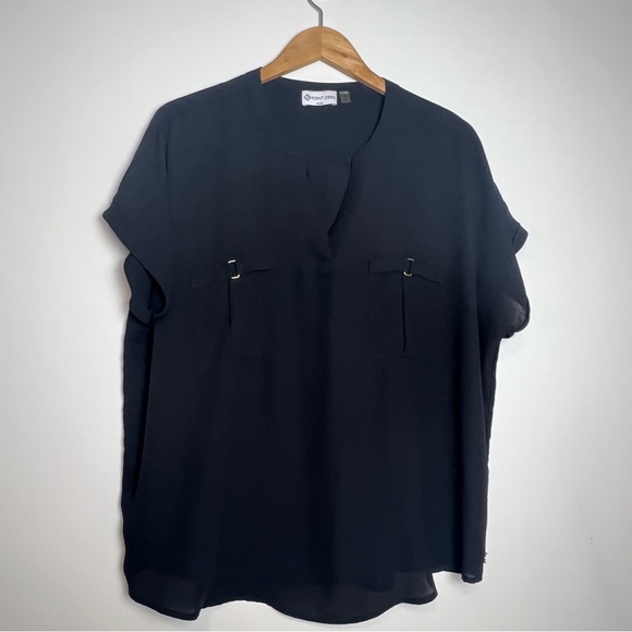 Point Zero Tops - Point Zero Relaxed Fit Short Sleeve Blouse - Career/Casual - Black